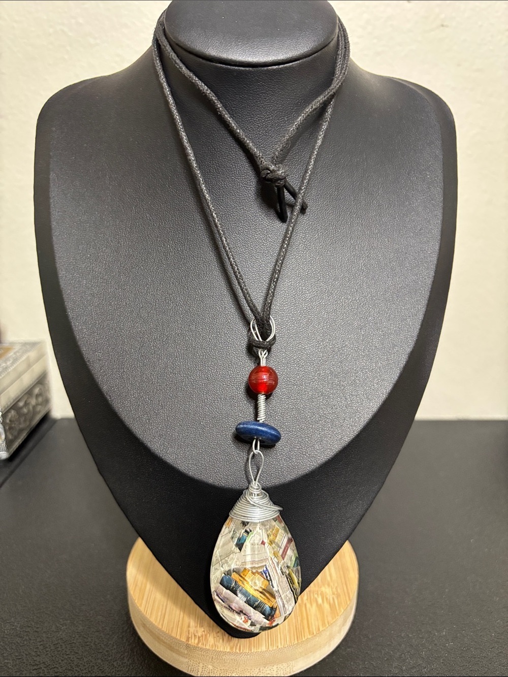 Handcrafted Multicolor Teardrop Pendant Necklace with Red and Blue Accents